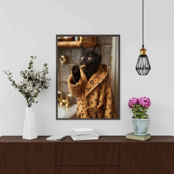 Quadro Divertido Banheiro Gato Rico 33x24cm - Com Vidro Moldu