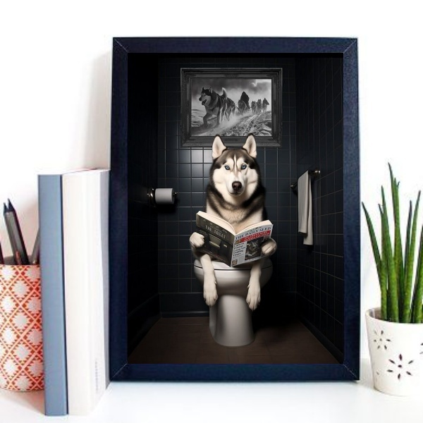 Quadro Divertido Banheiro Husky Siberiano 33x24cm Moldura:mad