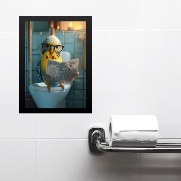 Quadro Divertido Banheiro Periquito Lendo Jornal 45x34cm - Co