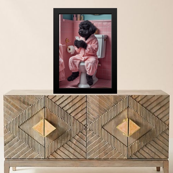 Quadro Divertido Banheiro Rosa - Cachorrinho 45x34cm - Com Vi