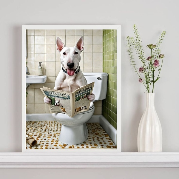 Quadro Divertido De Banheiro - Bull Terrier Jornal 24x18cm -