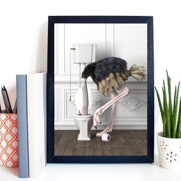 Quadro Divertido Para Banheiro - Avestruz 33x24cm Moldura:mad