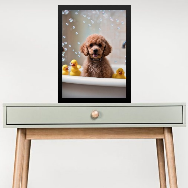 Quadro Divertido Para Banheiro - Poodle 45x34cm Moldura Branca
