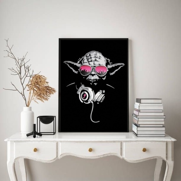 Quadro Dj Yoda - Óculos Rosa 24x18cm - Com Vidro Moldura Preta