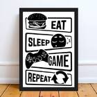 Quadro Eat Sleep Game Repeat 24x18cm Moldura:madeira Branca