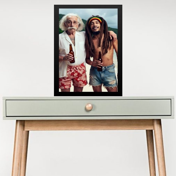 Quadro Einstein Com Bob Marley 24x18cm Moldura Branca