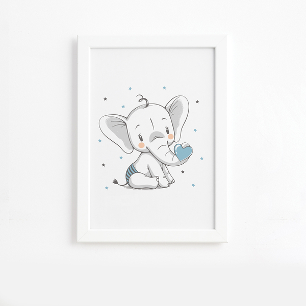 Quadro Elefante e Coração Azul Moldura Branca 22x32cm