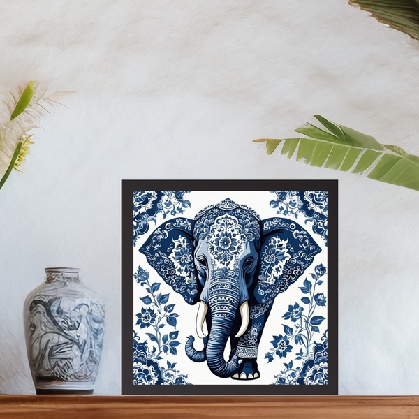 Quadro Elefante Floral Estilo Azulejo Português - 33x33cm Mol