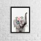 Quadro Elefante Flores 24x18cm Moldura:madeira Preta