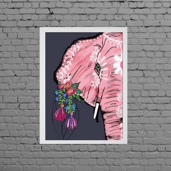 Quadro Elefante Indiano Rosa Com Flores 33x24cm Moldura:madei