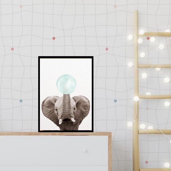 Quadro Elefantinho Chiclete Azul 45x34cm Moldura:madeira Bran