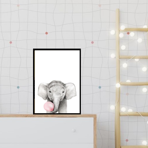 Quadro Elefantinho Chiclete Rosa 45x34cm - Com Vidro Moldura: