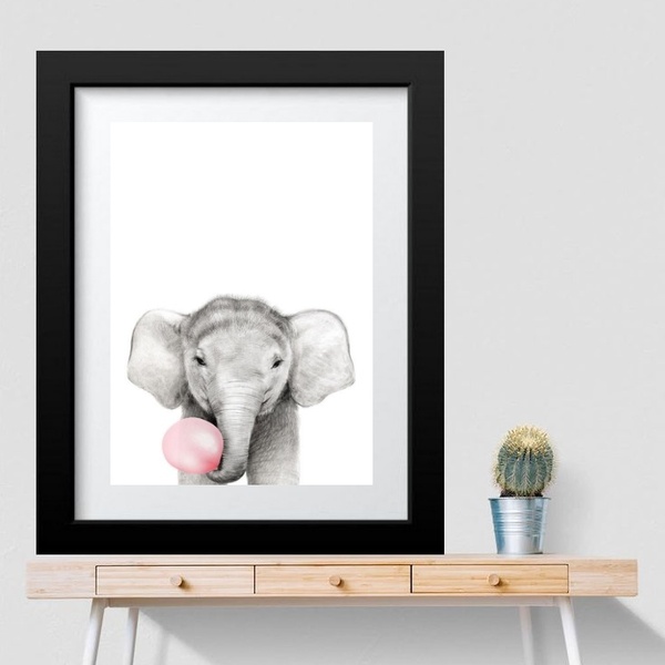 Quadro Elefantinho Chiclete Rosa- 60x48cm Moldura:madeira Pre