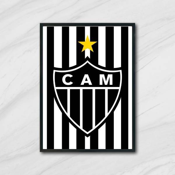 Quadro Escudo Atlético Mg Fundo Listrado 24x18cm - Com Vidro
