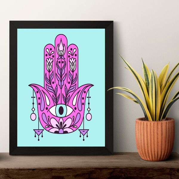 Quadro Esotérico Olho Grego Com Hamsa 33x24cm Moldura Branca