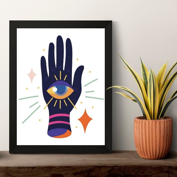 Quadro Esotérico Olho Grego Com Mão 45x34cm - Com Vidro Moldu