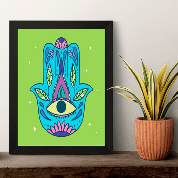 Quadro Esotérico Olho Grego E Hamsa 45x34cm Moldura Preta