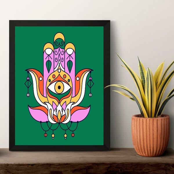 Quadro Esotérico Olho Grego Hamsa - Verde 33x24cm - Com Vidro
