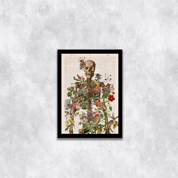Quadro Esqueleto Com Flores 45x34cm - Com Vidro Moldura:madei