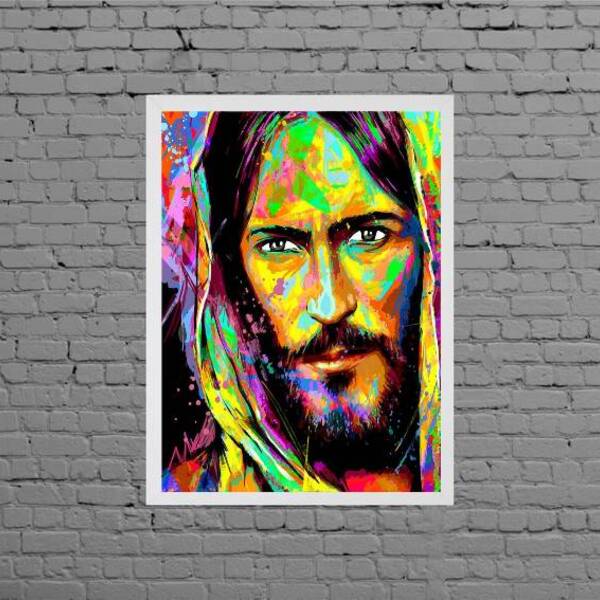 Quadro Estilo Pintura Rosto Jesus 24x18cm - Com Vidro Moldura
