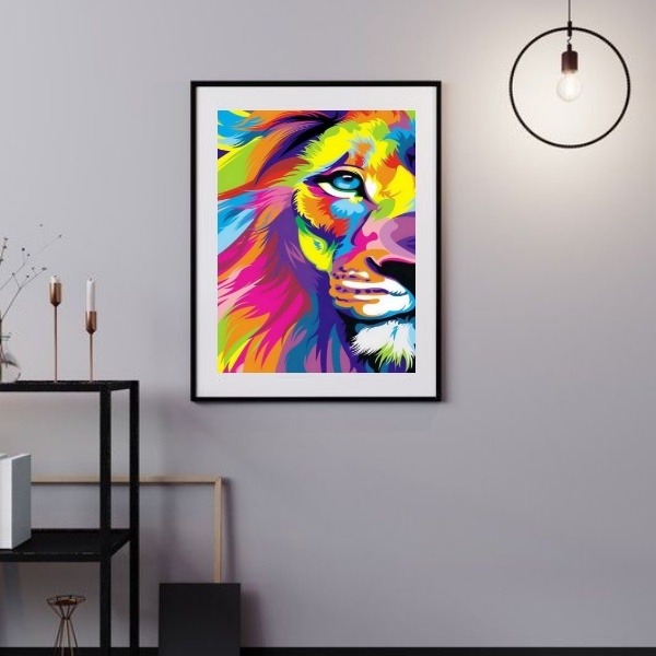 Quadro Face Leão Watercolor - 60x48 cm Moldura:madeira Preta