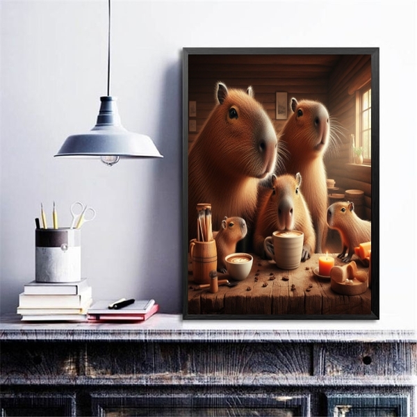 Quadro Família Capivaras Tomando Café 24x18cm - Com Vidro Mol