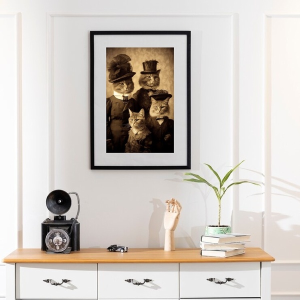 Quadro Família De Gatos Antiga - 60x48cm Moldura Branca