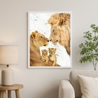 Quadro Família De Leões Aquarela Bege - 2 Filhotes 33x24cm Mo