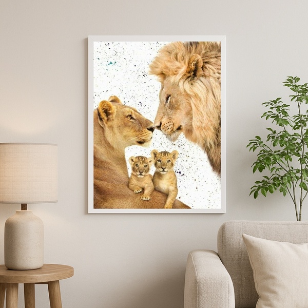 Quadro Família De Leões Aquarela Bege - 2 Filhotes 33x24cm Mo