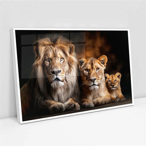 Quadro Família Leões 1 Filhote - 50x70cm Moldura Branca