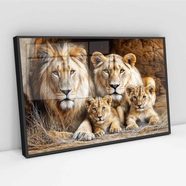 Quadro Família Leões 2 Filhotes - 50x70cm Moldura Preta