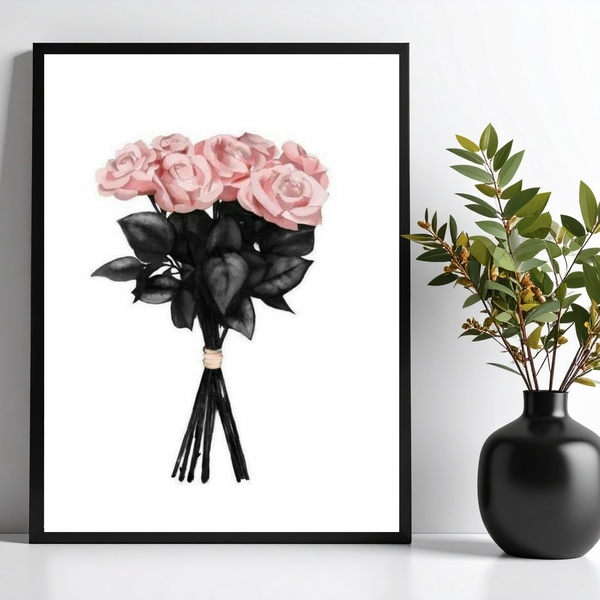 Quadro Fashion Flores Rosa E Preto 45x34cm - Com Vidro Moldur