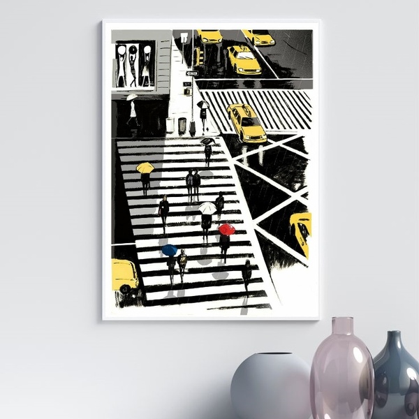 Quadro Figurativo New York - Sombrinhas 33x24cm - Com Vidro M