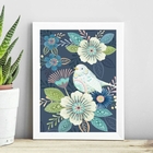Quadro Floral Azul Com Passarinho 24x18cm - Com Vidro Moldura