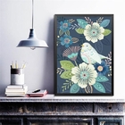 Quadro Floral Azul Com Passarinho 24x18cm - Com Vidro Moldura