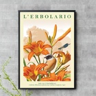 Quadro Floral Laranja Com Passarinho 33x24cm Moldura Branca