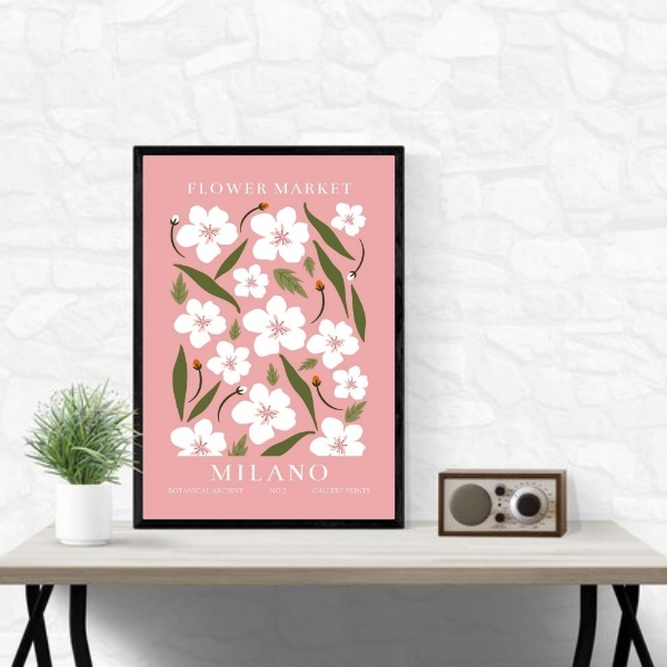 Quadro Flower Market Milão Rosa 33x24cm - Com Vidro Moldura P