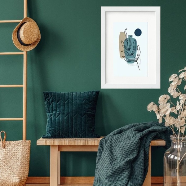 Quadro Folha Boho Petróleo E Marrom - 60x48cm Moldura:madeira