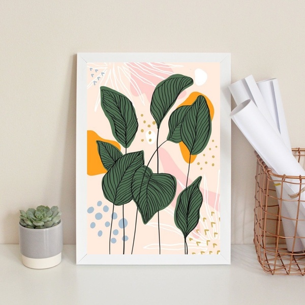 Quadro Folhagens Decoração Moderna 24x18cm Moldura Preta