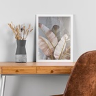 Quadro Folhagens Linho Cinza E Rosê 45x34cm Moldura Branca