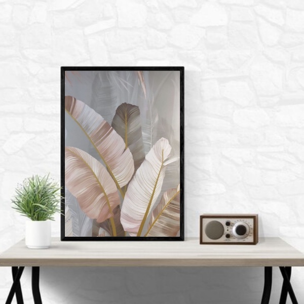 Quadro Folhagens Linho Cinza E Rosê 45x34cm Moldura Preta