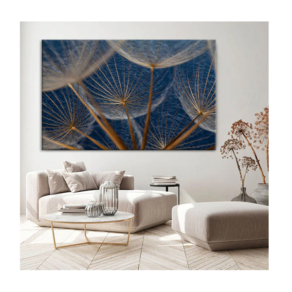 Quadro Folhas E Flores Dente De Leão Em Fundo Azul C/ Moldura