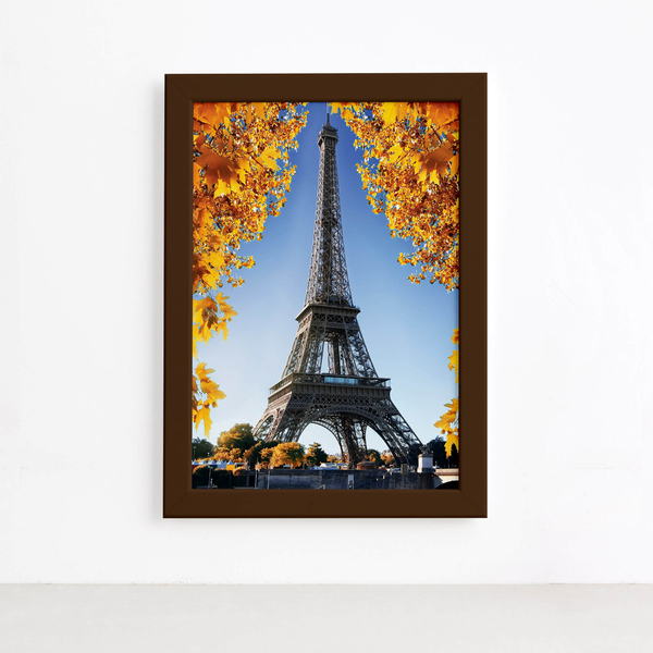 Quadro Foto Paris Torre Eiffel e Flores Moldura Marrom 22x32