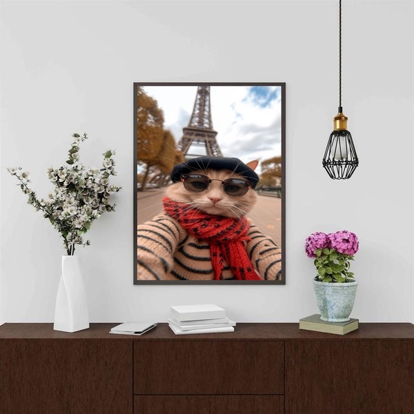 Quadro Foto Selfie Gata Em Paris 45x34cm - Com Vidro Moldura
