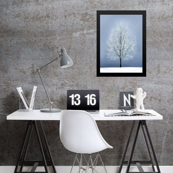 Quadro Fotografia Árvore Neve- Cinza E Branco 33x24cm Moldura