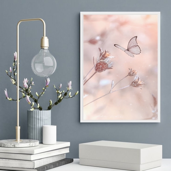 Quadro Fotografia Borboleta Suave Rosa 24x18cm Moldura:madeir