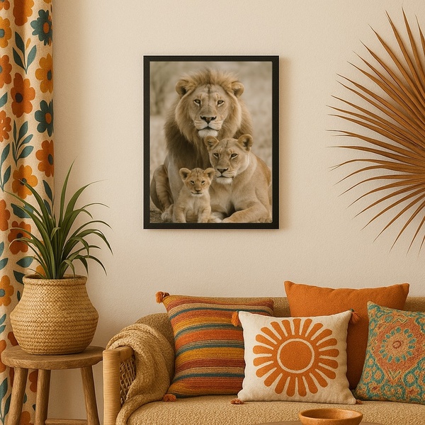 Quadro Fotografia Família De Leões Bege - 1 Filhote 33x24cm M