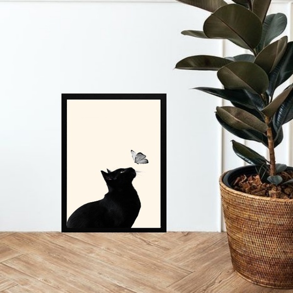 Quadro Fotografia Gato Com Borboleta 45x34cm - Com Vidro Mold