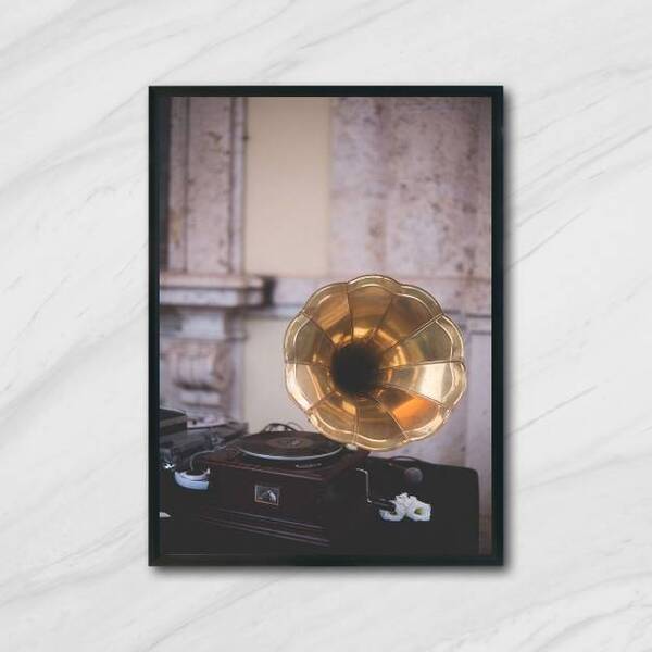 Quadro Fotografia Gramofone 33x24cm - Com Vidro Moldura:madei