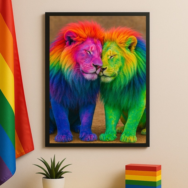 Quadro Fotografia Lgbt Casal De Leões Gay 24x18cm Moldura Pre